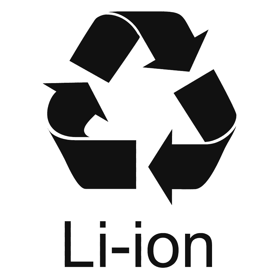 สัญลักษณ์รีไซเคิลรูปลูกศรพร้อมข้อความ Li-ion