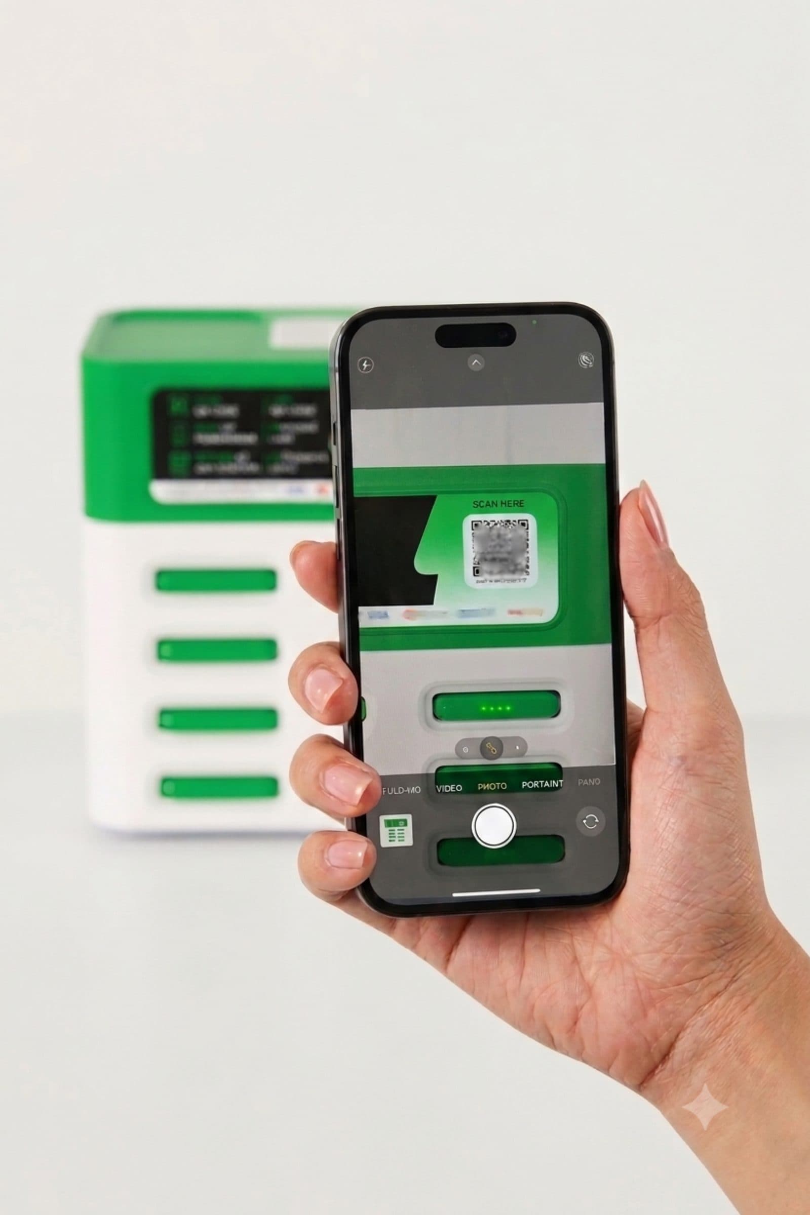มือถือโทรศัพท์เล็งกล้องไปที่ QR Code บนตู้เช่า 24CHARGE